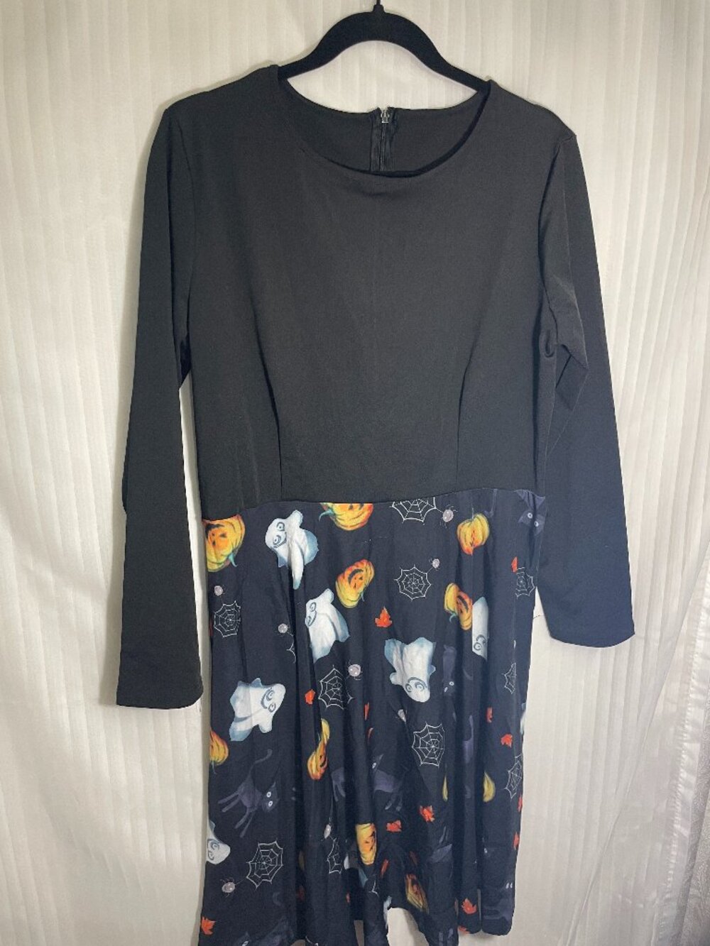 Womens Halloween Dress Black Ghost Pumpkin Cat Spiderweb Long Sleeve Fit Flare